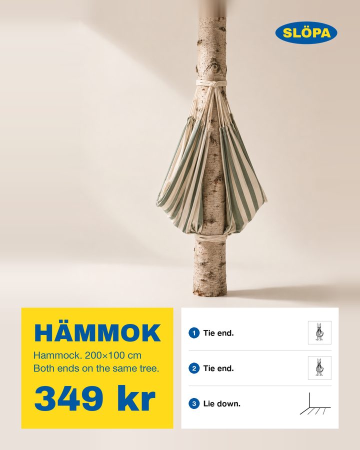 HÄMMOK, Hammock. Both ends on the same tree.