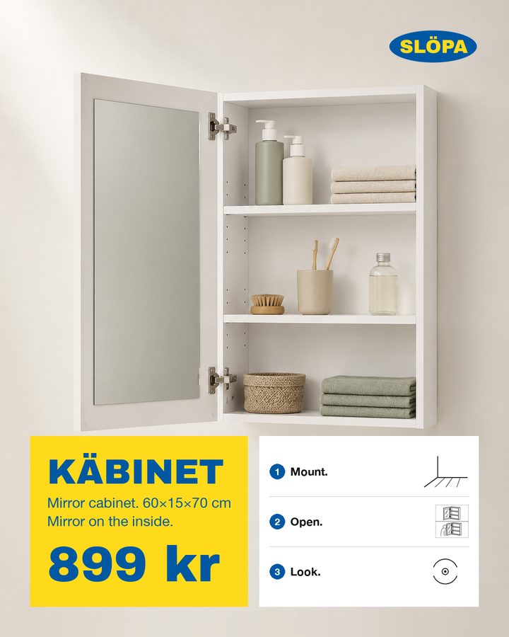 KÄBINET, Mirror cabinet, 60 cm. Mirror on the inside.