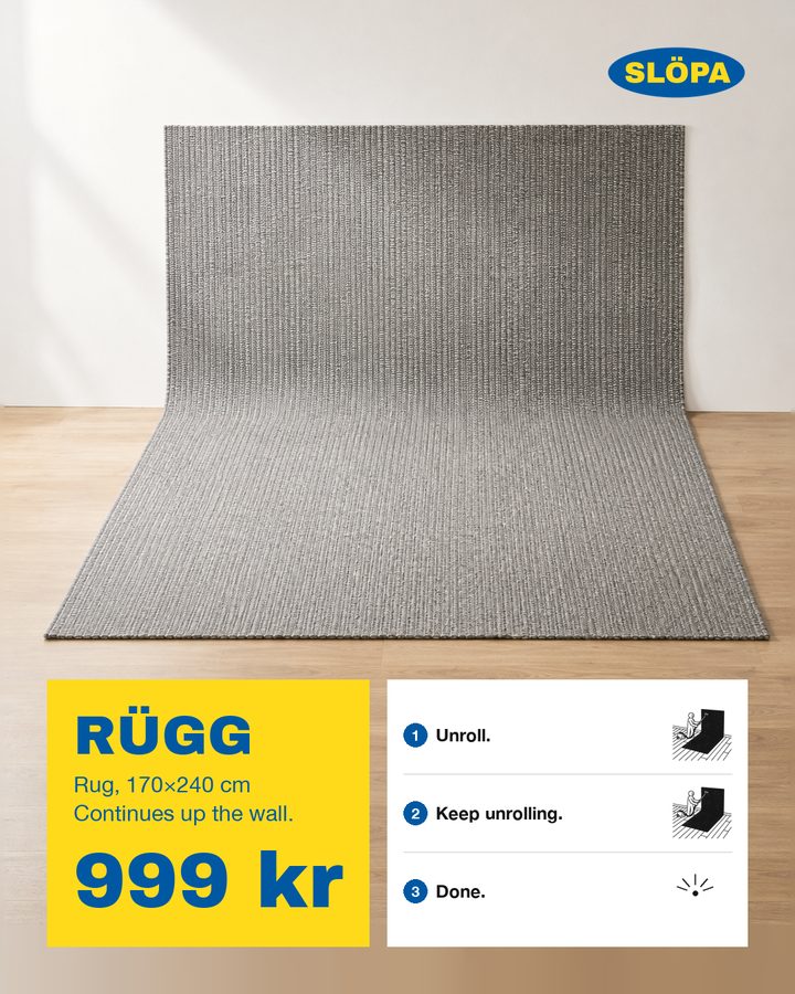 RÜGG, Rug, 170×240 cm. Continues up the wall.